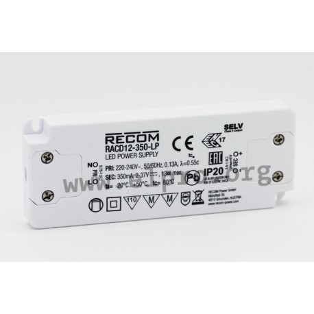 RACD12-350-LP, Recom, Recom LED switching power supplies, 12W, IP20, constant current, RACD12-LP series