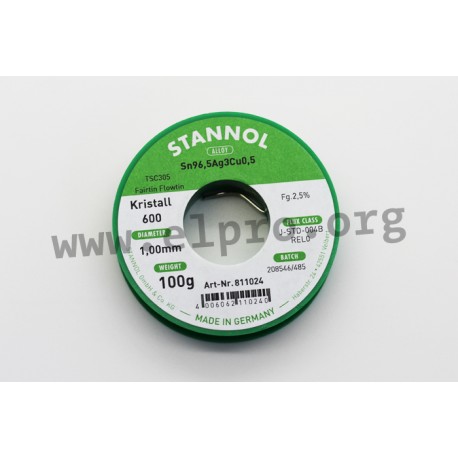 811024, Stannol, 2,5% halogen-free flux, Fairtin Flowtin TSC305, Kristall 600 series