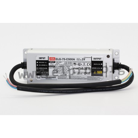 ELG-75-C500A-3Y, Mean Well LED-Schaltnetzteile, 75W, IP65, fester Ausgangsstrom, mit Schutzleiter PE, ELG-75-C Serie