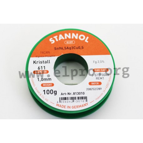813013, Stannol, 2,5% halogen-activated flux, Fairtin Flowtin TSC305, Kristall 611 series