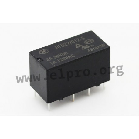 HFD27/005-S, Hongfa PCB relays, 2A, 2 changeover contacts, HFD27 series