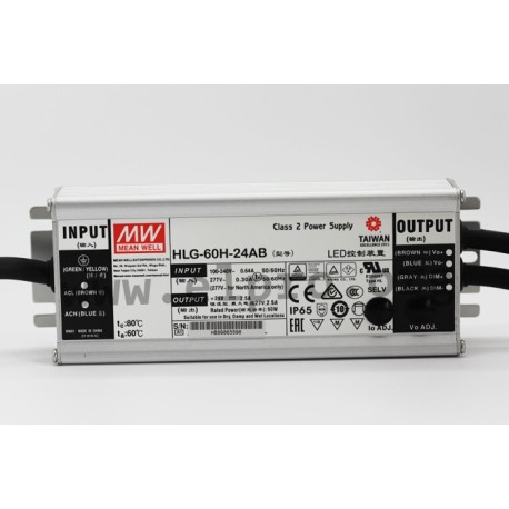 HLG-60H-20AB, Mean Well LED drivers, 60W, IP65, CV and CC (mixed mode), adjustable, dimmable, HLG-60H series