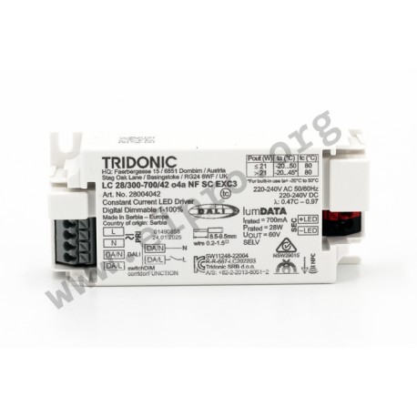28004042, Tridonic LED power supplies, 28W, Dali-2 push-dimm, IP20, constant current, LC 28W 300700mA o4a NFC SC EXC series