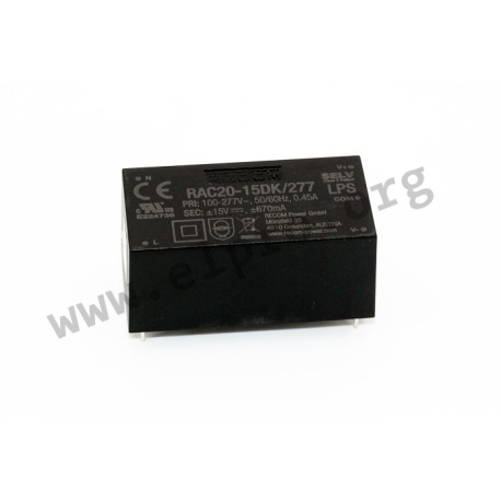 RAC20-15DK/277, Recom AC/DC converters, 20W, PCB, RAC20-K/277 series
