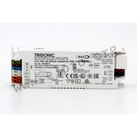 28000673, Tridonic LED power supplies, 10W, Dali-2 push-dimm, IP20, constant current, LCA 10W 150–400mA one4all SC PR series