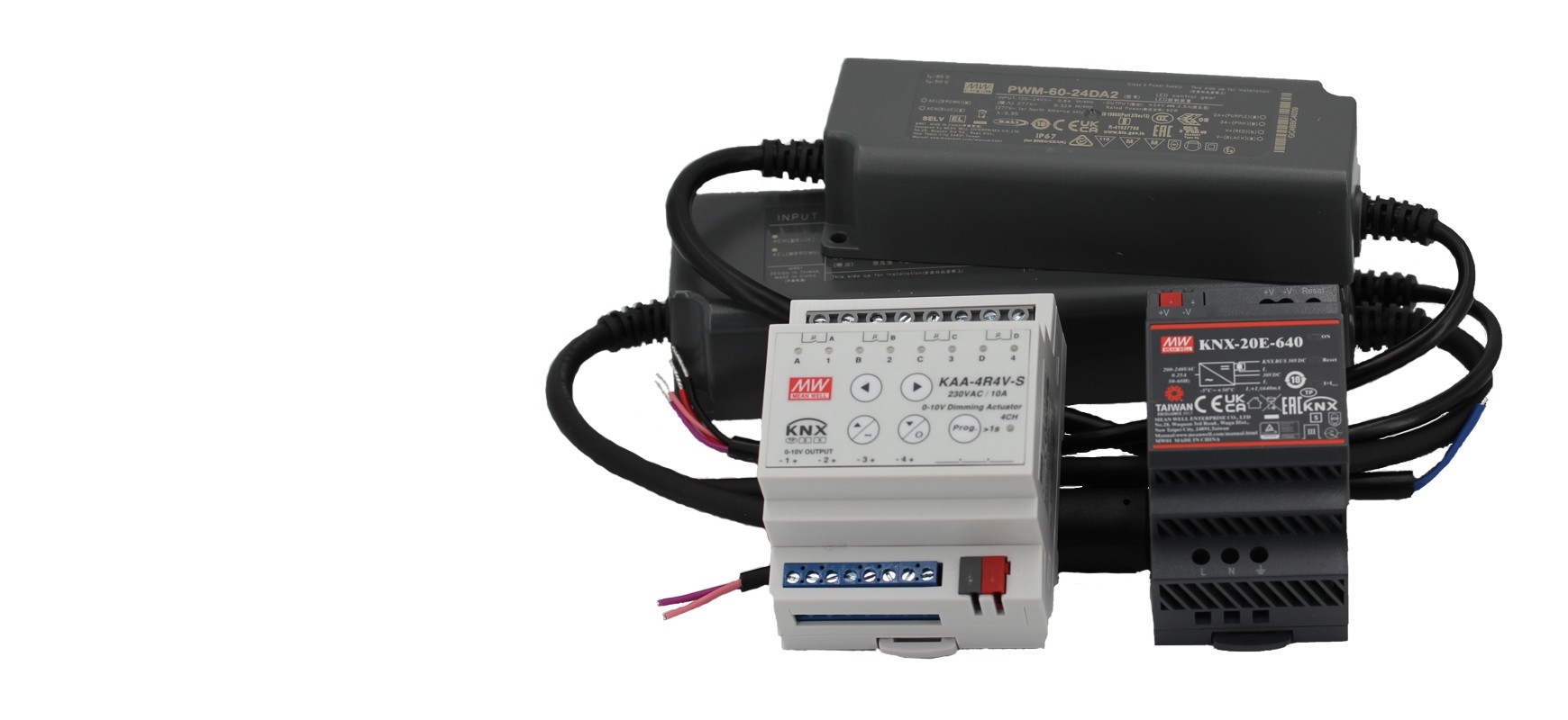 Mean Well LED power supplies and KNX power supplies series PWM-60, KAA-4R4V, and KNX-20E-640